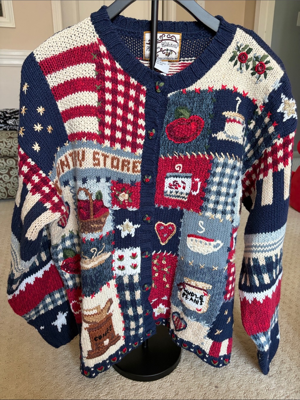 Vintage Heirloom Collectibles Patchwork Knit Cardigan - Navy, Red & Cream